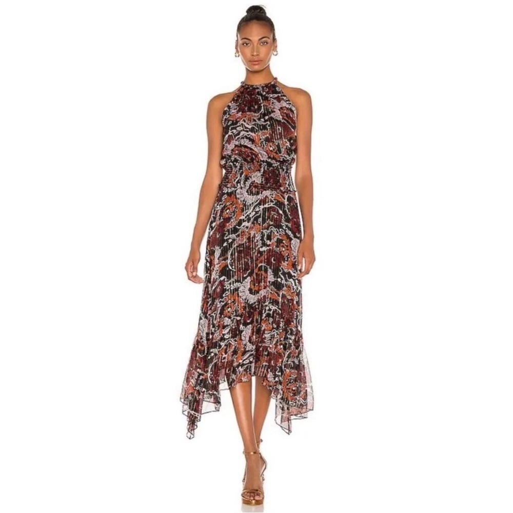 NWT A.L.C. Bardot Printed Maxi Dress in Black Red Multi Size 8 Silk Blend